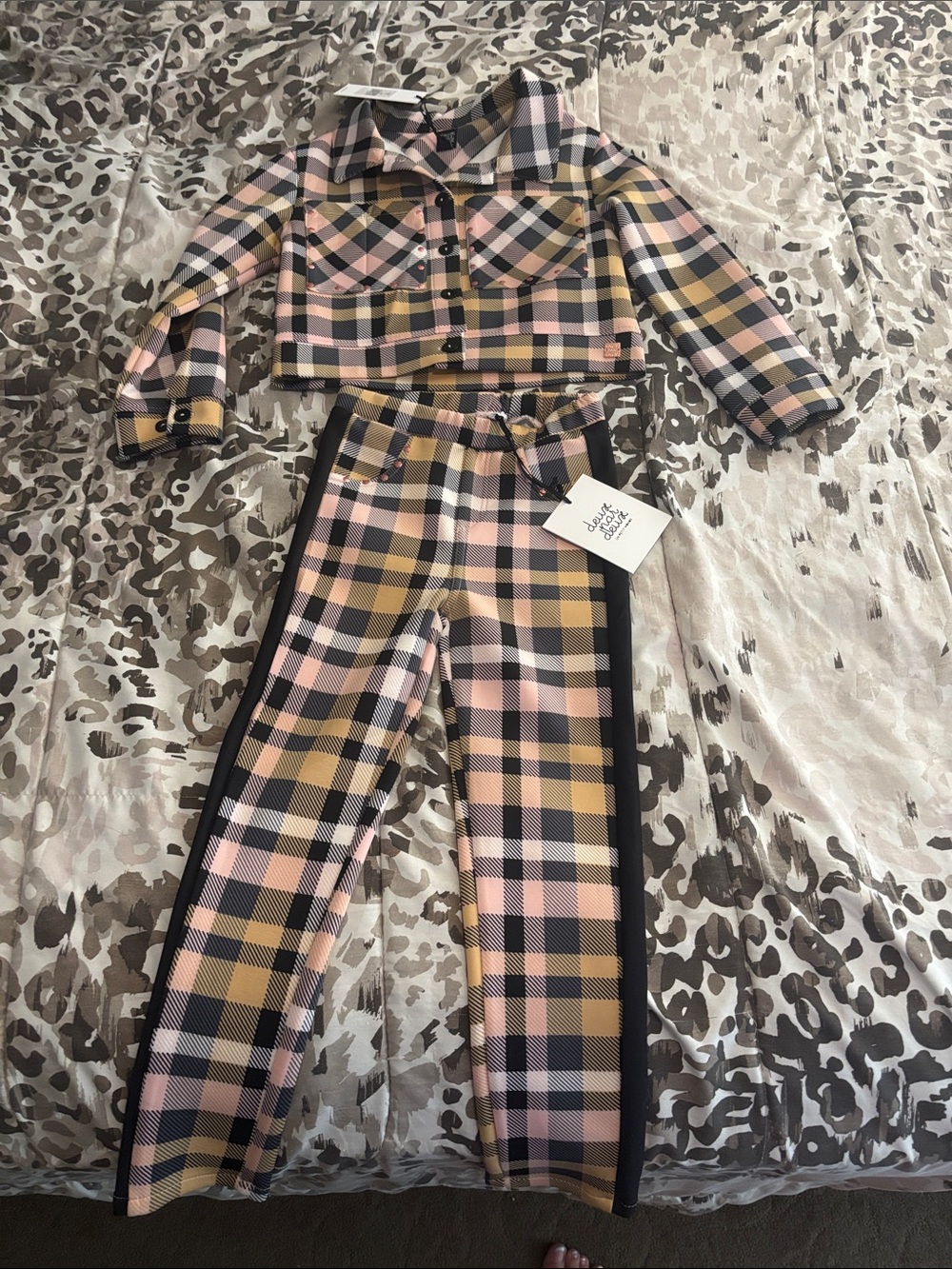 deux par deux Pink, Mustard & Black Plaid Cropped Jacket with Track Pants